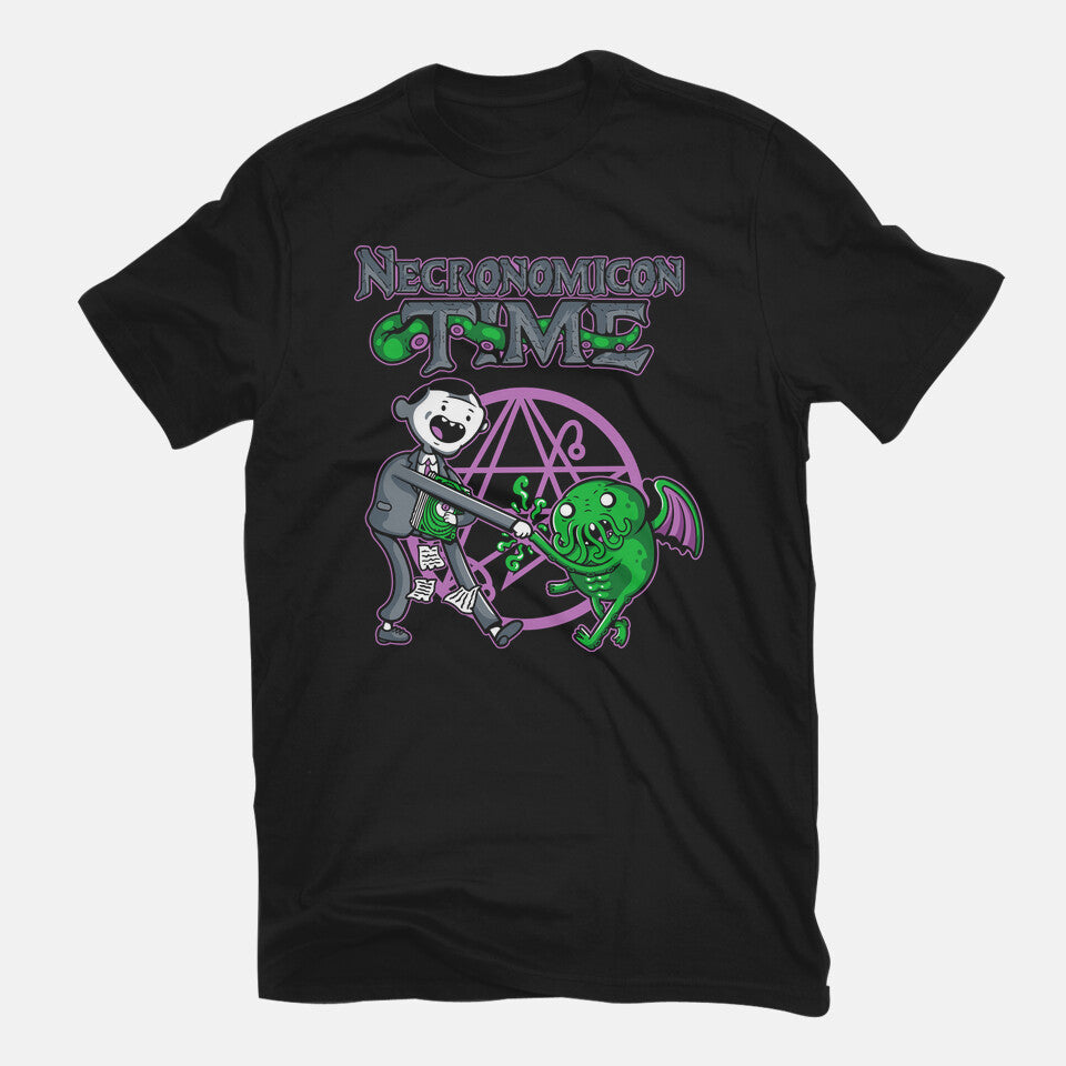Necronomicon Time Graphic T-Shirt in black, flat-lay product view