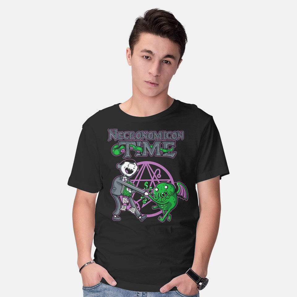 Model wearing black Necronomicon Time Graphic T-Shirt