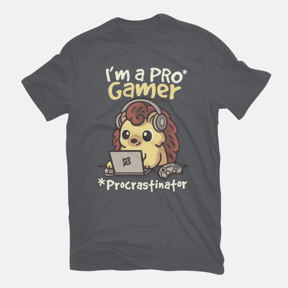 Pro Gamer Procrastinator – Gaming Graphic T-Shirt in charcoal, flat-lay product view