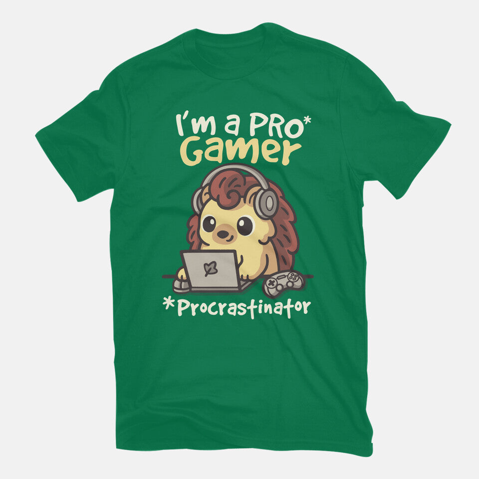 Pro Gamer Procrastinator – Gaming Graphic T-Shirt in green, flat-lay product view