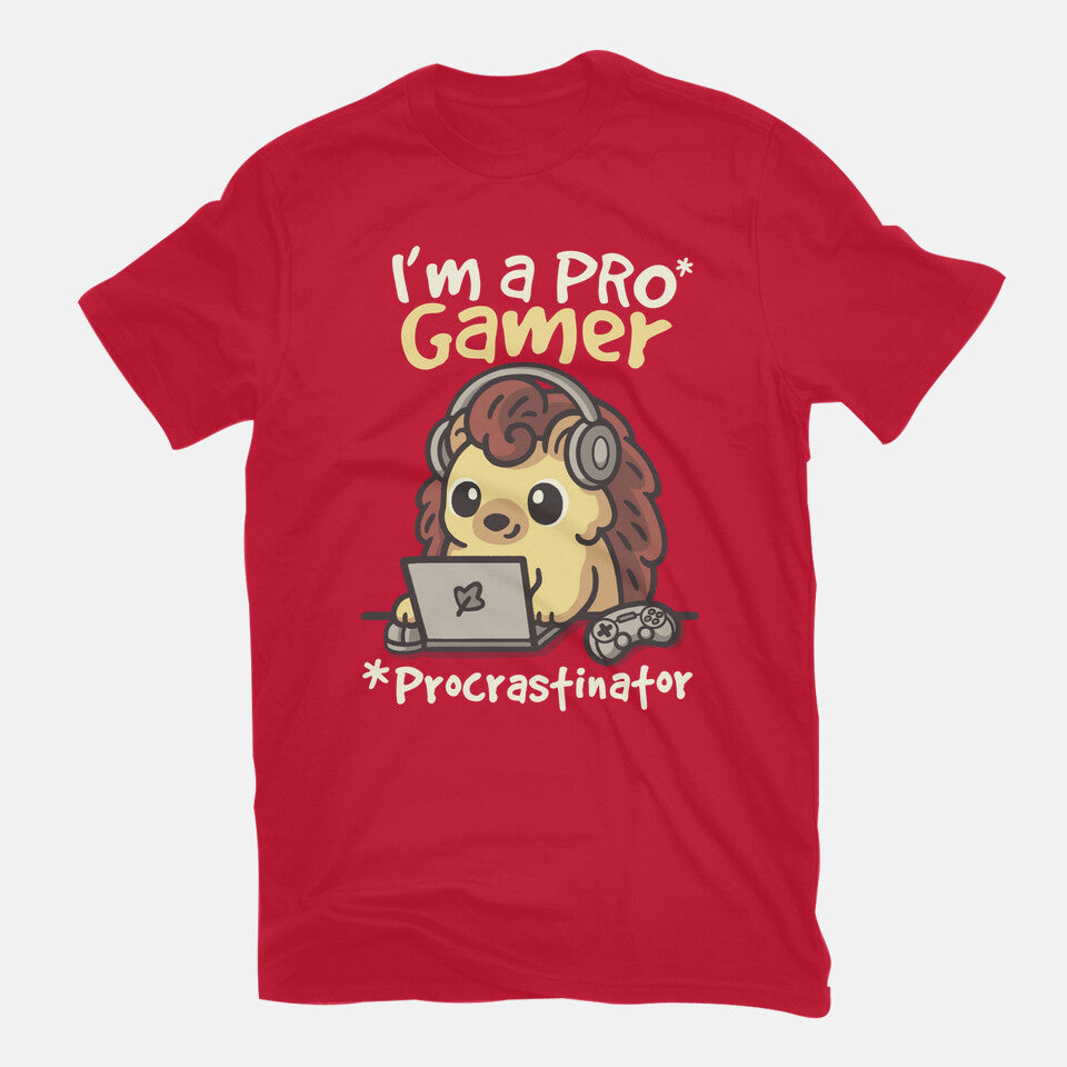 Pro Gamer Procrastinator – Gaming Graphic T-Shirt in red, flat-lay product view