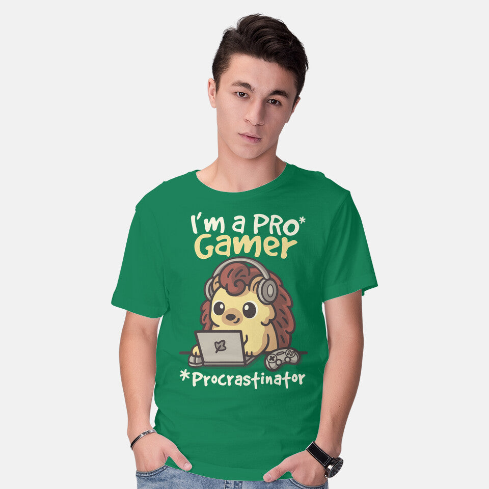 Model wearing green Pro Gamer Procrastinator – Gaming Graphic T-Shirt