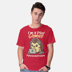 Model wearing red Pro Gamer Procrastinator – Gaming Graphic T-Shirt