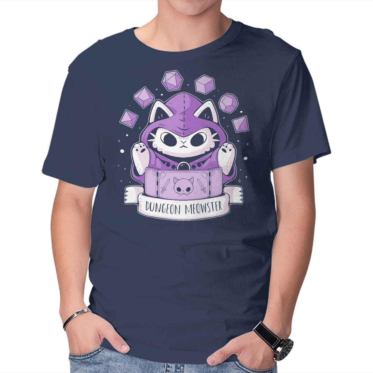 The Dungeon Meowster – Cat Graphic T-Shirt in navy, product display