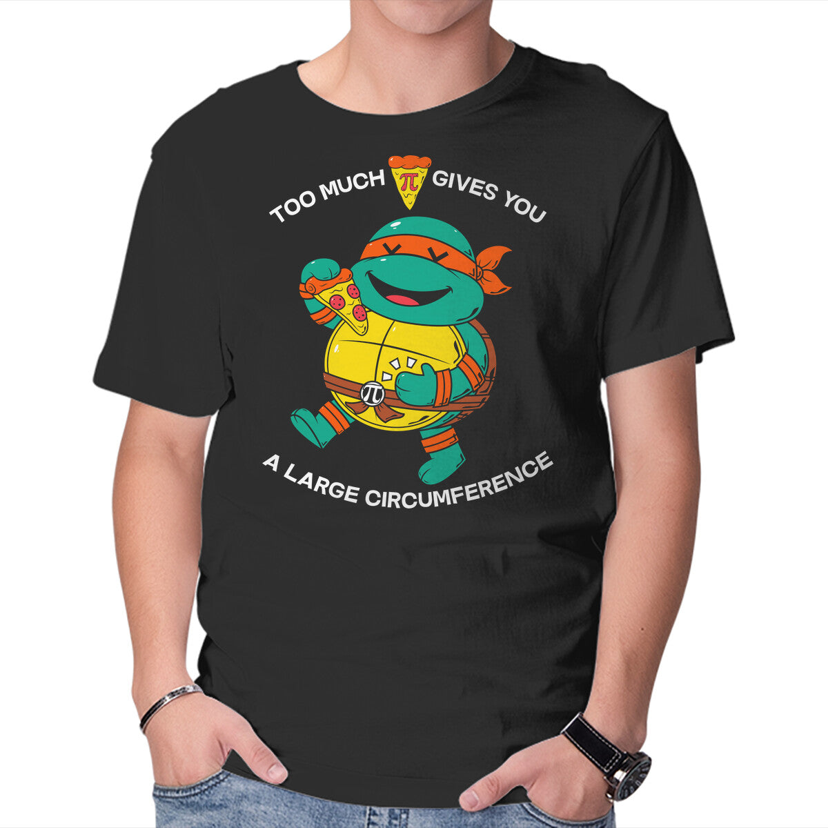 Too Much Pizza Pie – Funny Graphic T-Shirt in black, product display