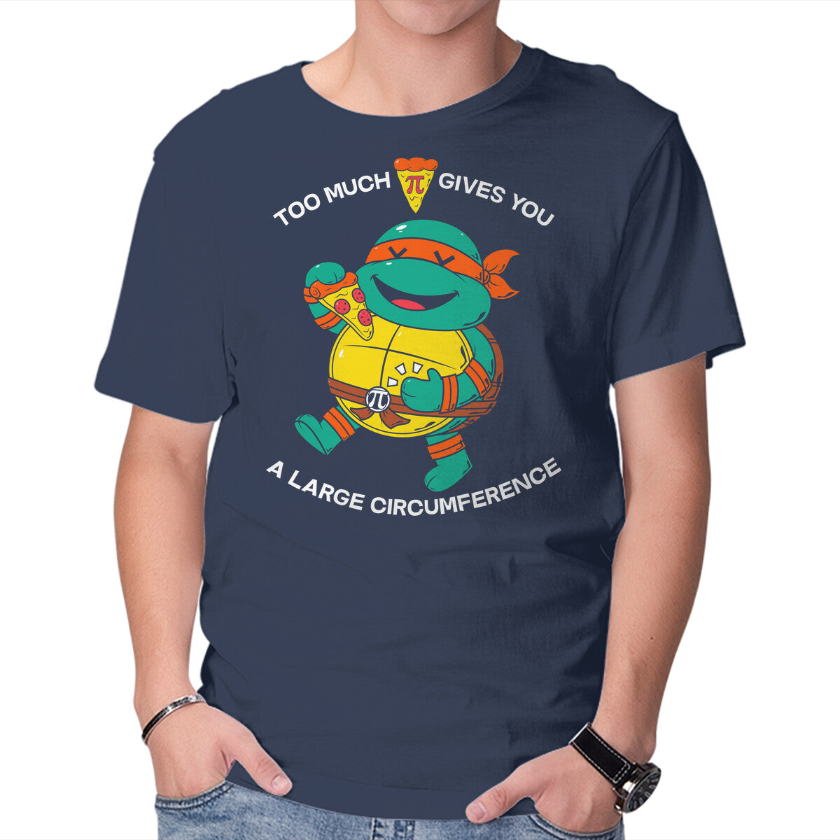 Too Much Pizza Pie – Funny Graphic T-Shirt in navy, product display