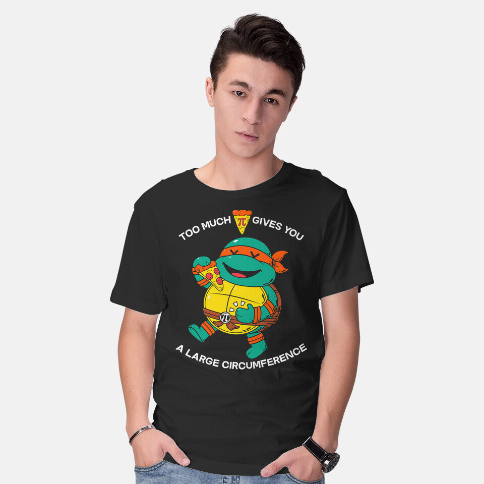 Model wearing black Too Much Pizza Pie – Funny Graphic T-Shirt