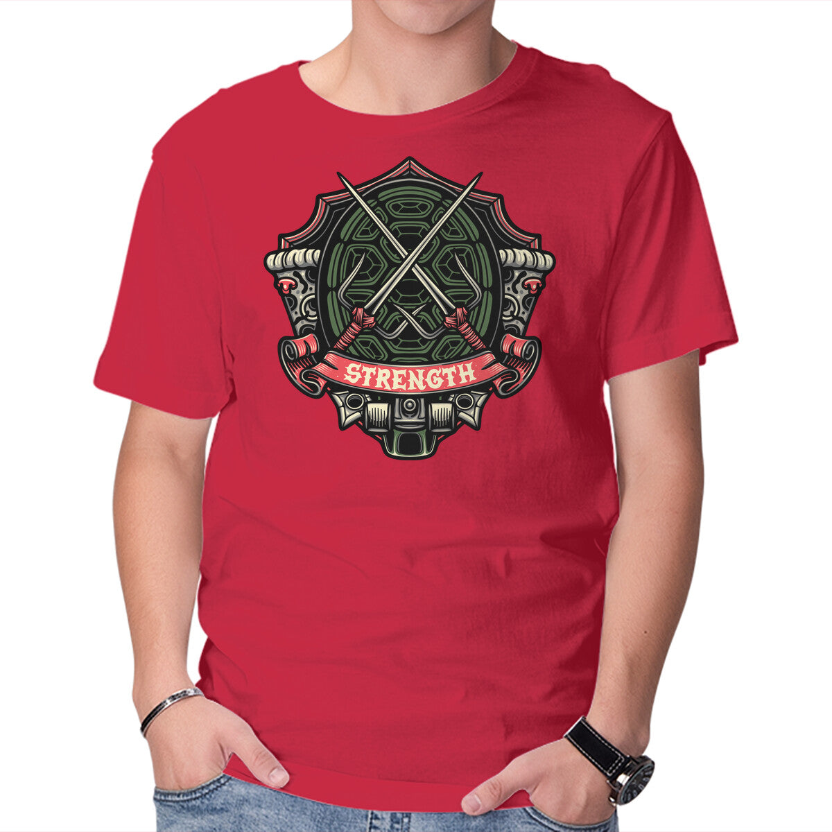 Red Ninja Strength Graphic T-Shirt in red, product display