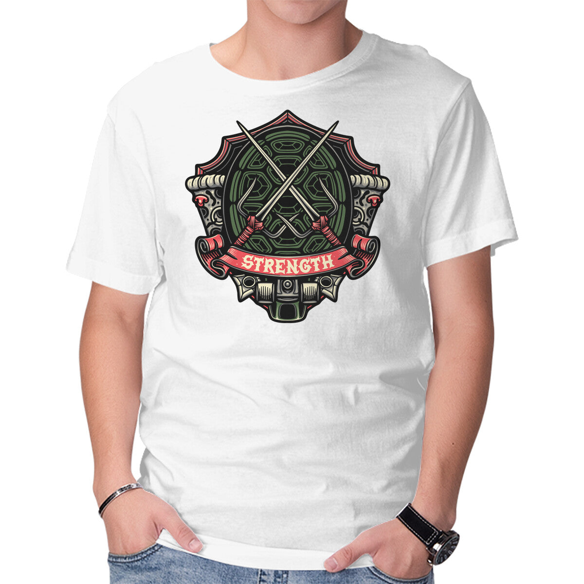 Red Ninja Strength Graphic T-Shirt in white, product display