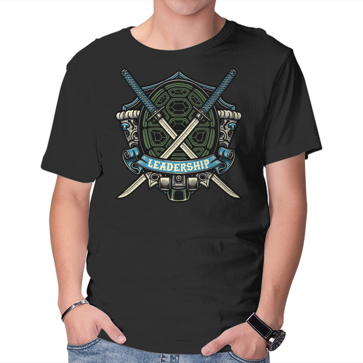 Blue Ninja Leader Graphic T-Shirt in black, product display