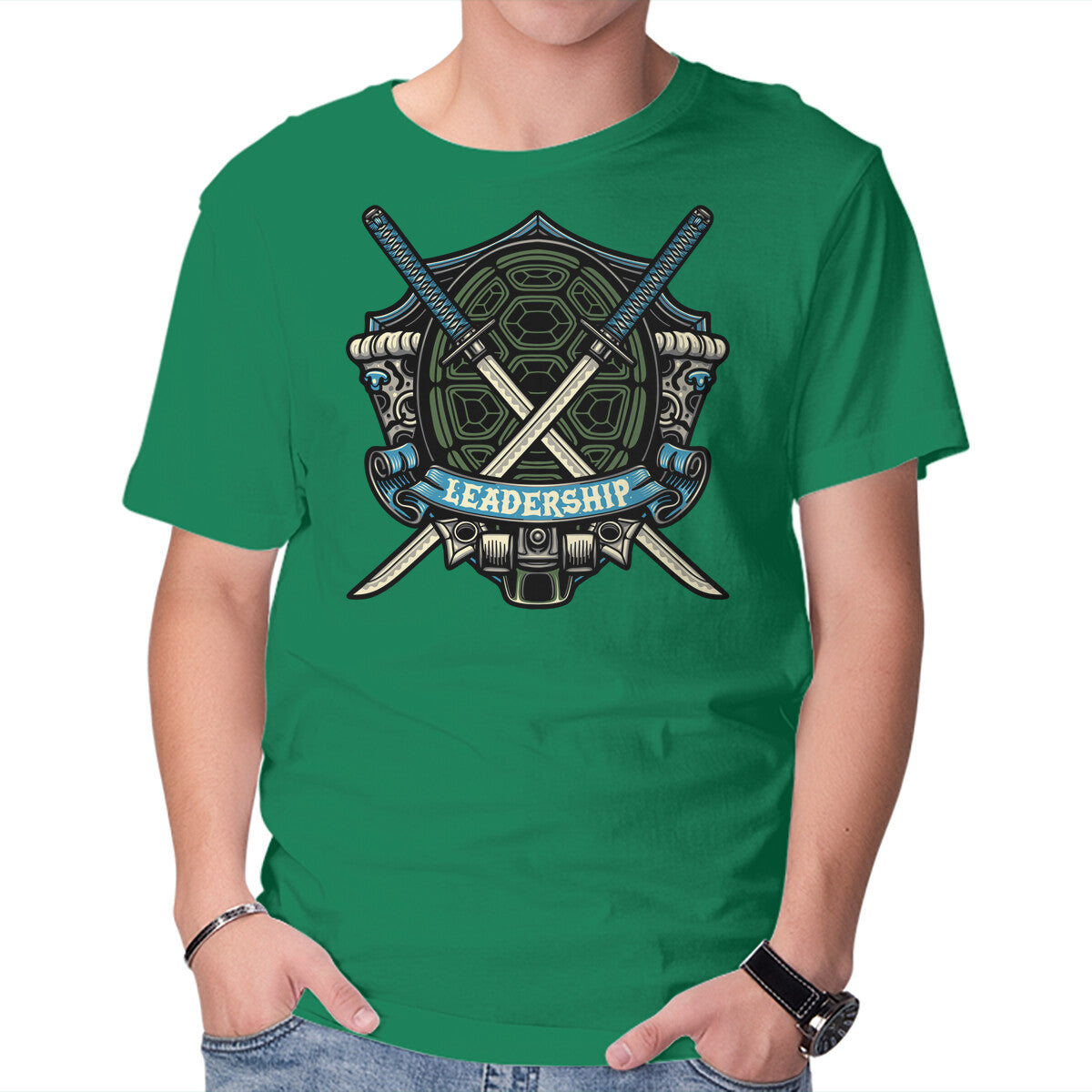 Blue Ninja Leader Graphic T-Shirt in green, product display