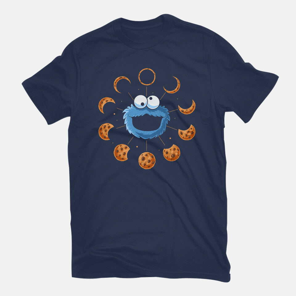 Cookie Eclipse – Funny Graphic T-Shirt in navy, flat-lay product view