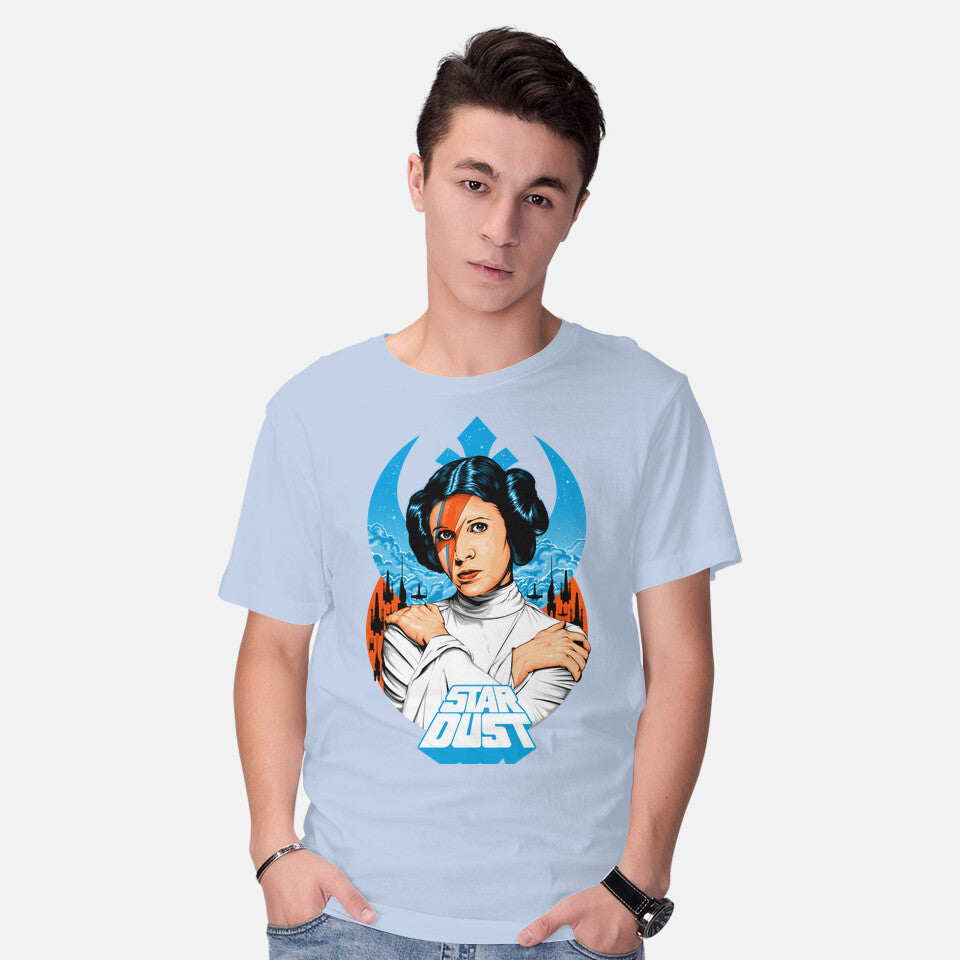Model wearing blue Lady Stardust – Sci-Fi Graphic T-Shirt
