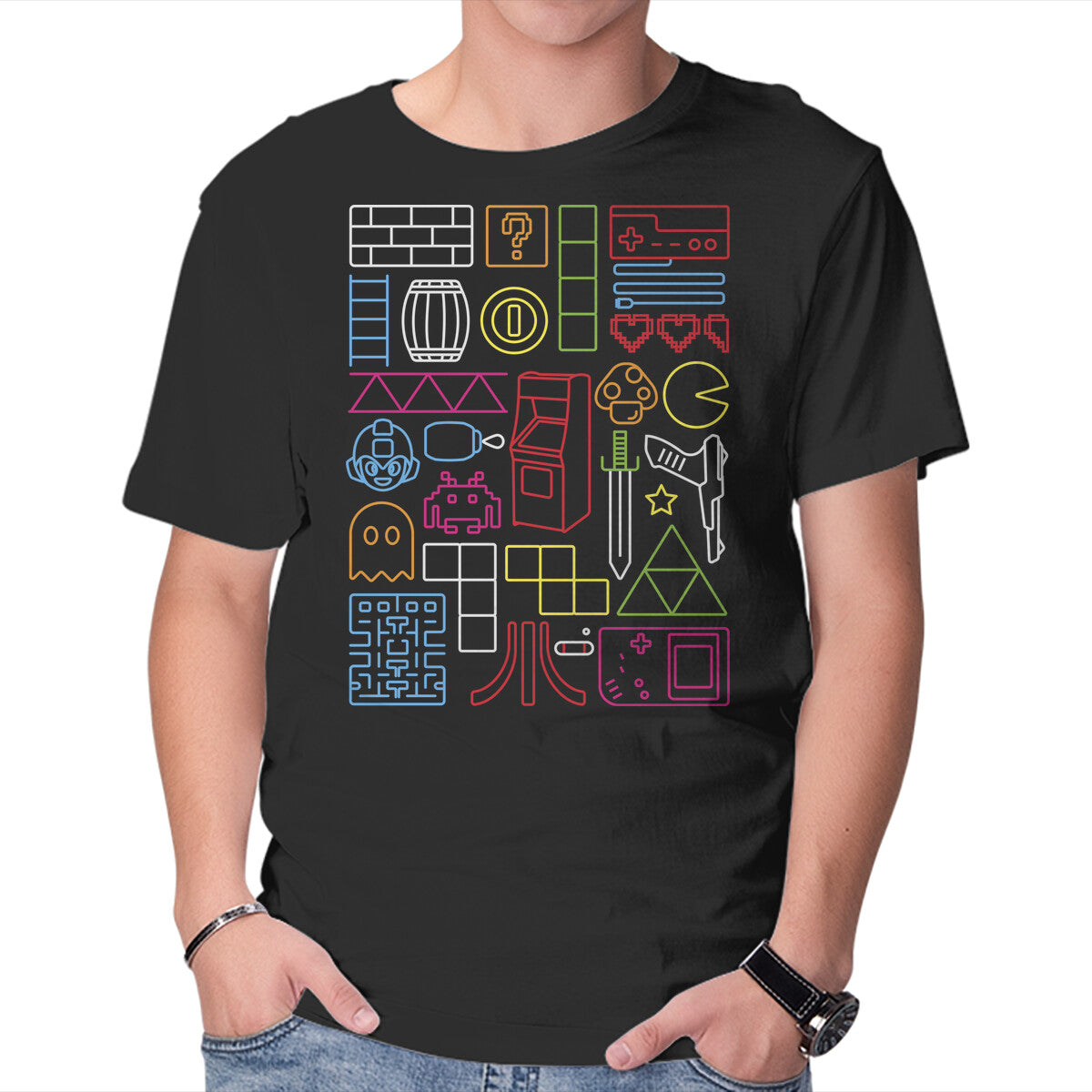 Nostalgic Doodles – Gaming Graphic T-Shirt in black, product display