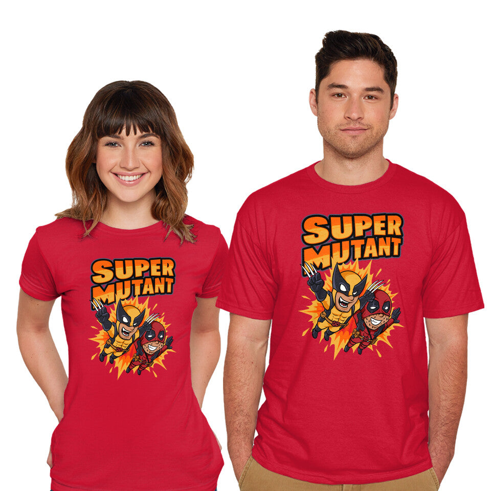 Model wearing red Super Mutant – Movie Graphic T-Shirt