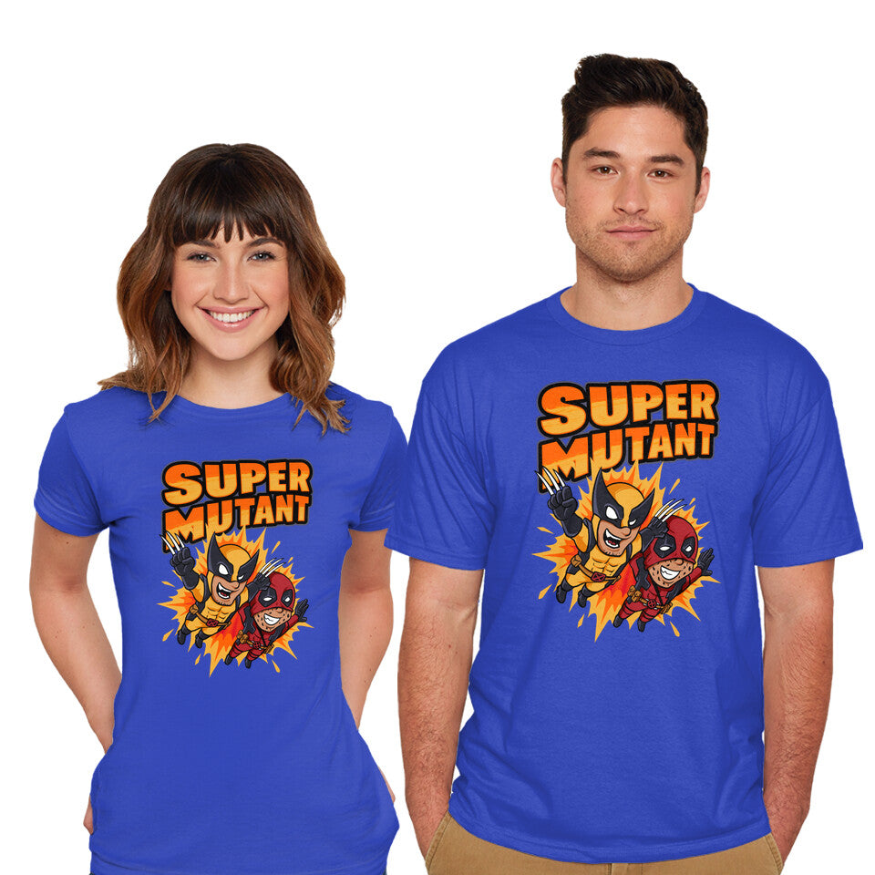 Model wearing royal blue Super Mutant – Movie Graphic T-Shirt