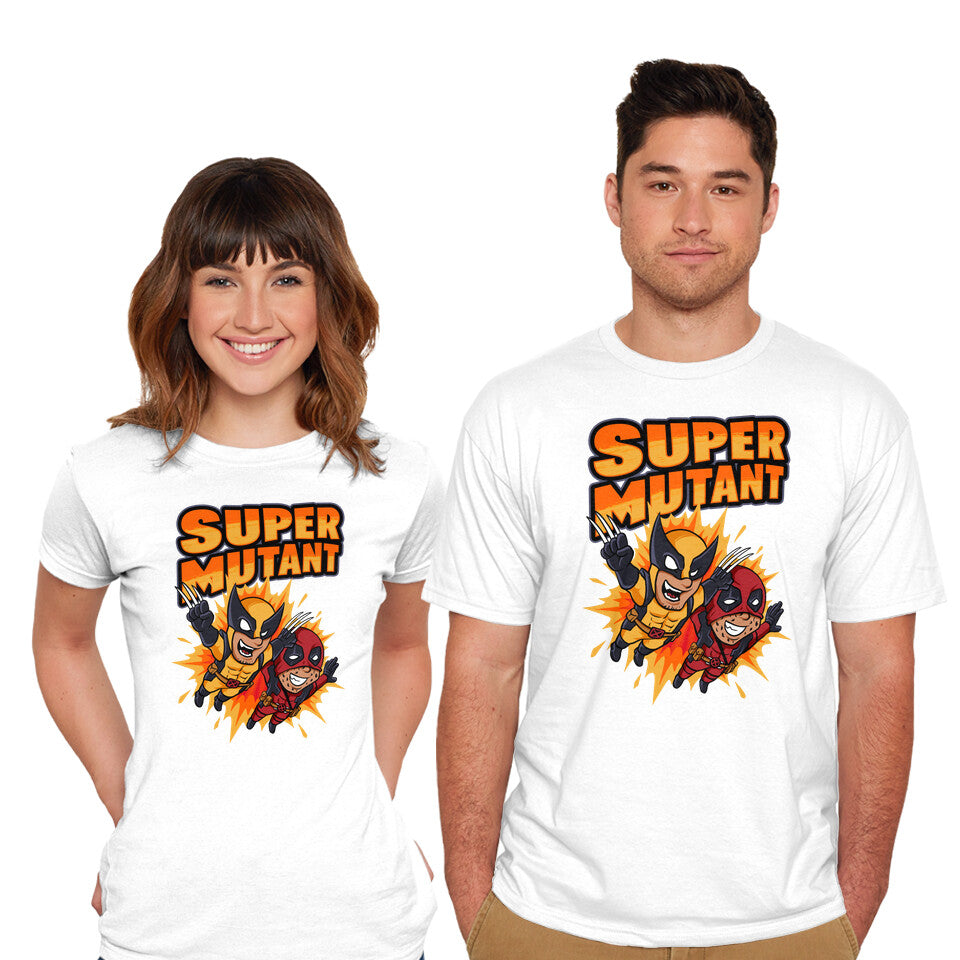 Model wearing white Super Mutant – Movie Graphic T-Shirt