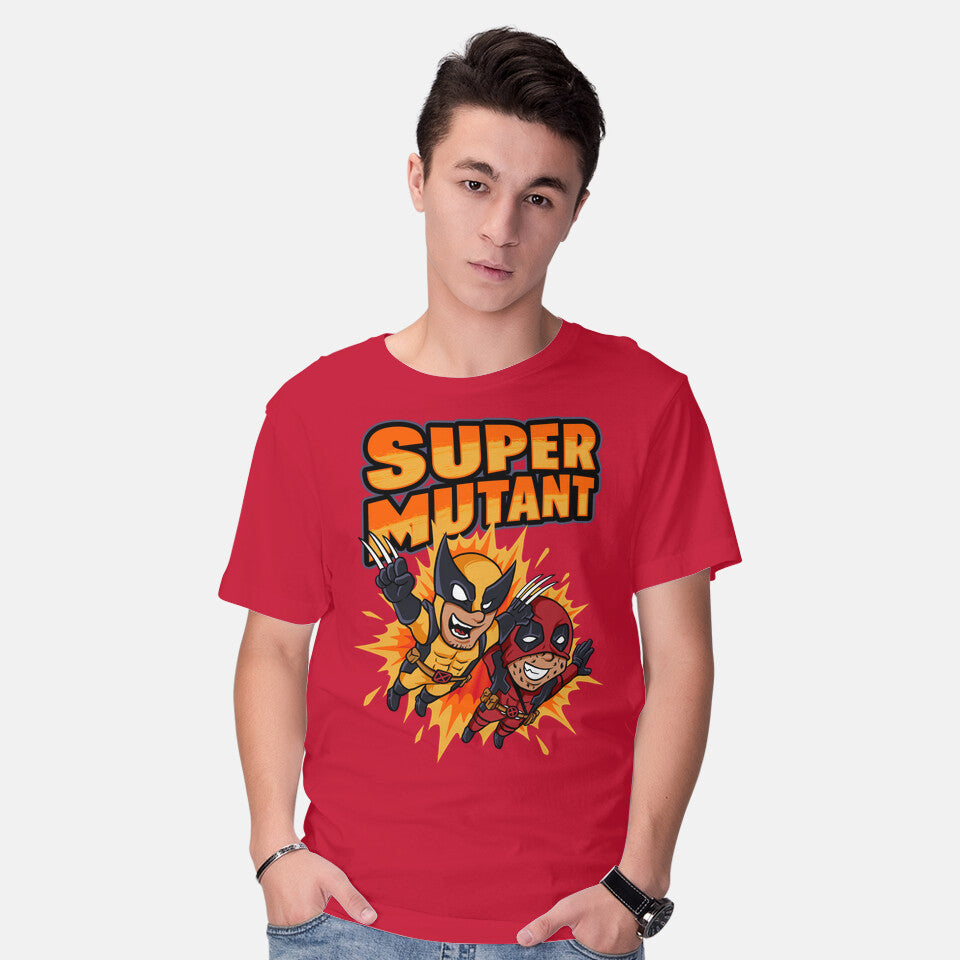 Model wearing red Super Mutant – Movie Graphic T-Shirt