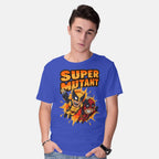 Model wearing royal blue Super Mutant – Movie Graphic T-Shirt