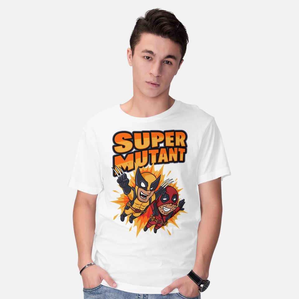Model wearing white Super Mutant – Movie Graphic T-Shirt