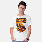 Model wearing white Super Mutant – Movie Graphic T-Shirt