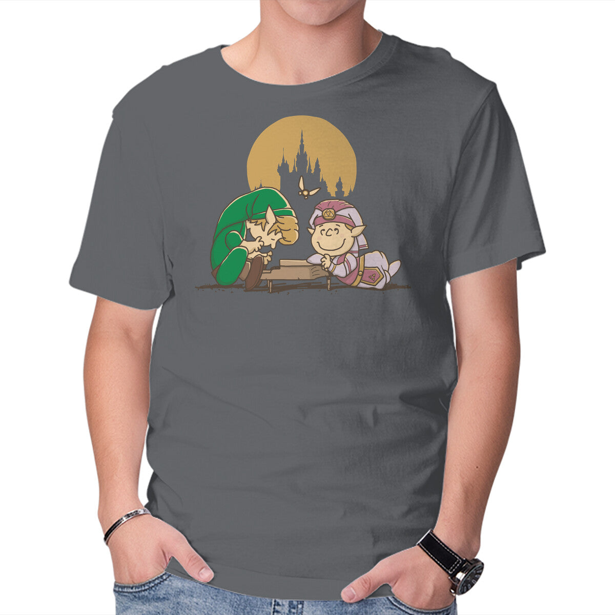Piano Of Time – Gaming Graphic T-Shirt in charcoal, product display