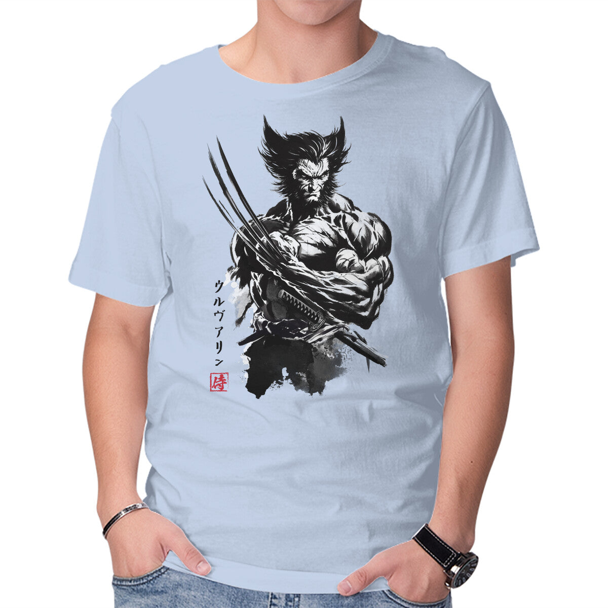 Mutant Samurai Sumi-e – Sci-Fi Graphic T-Shirt in blue, product display