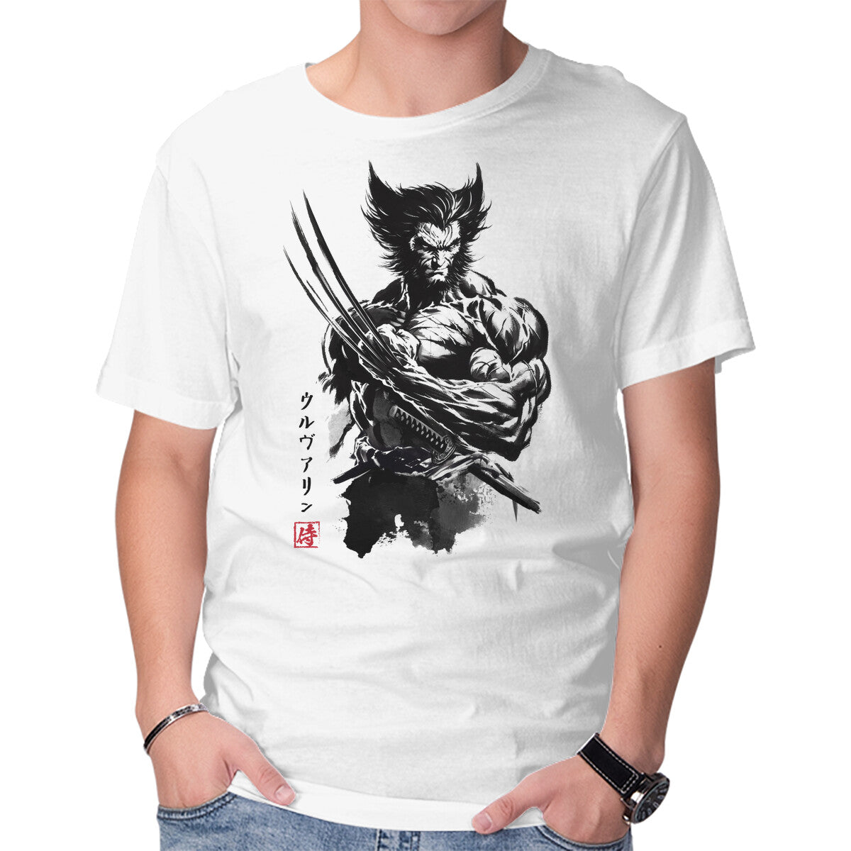 Mutant Samurai Sumi-e – Sci-Fi Graphic T-Shirt in white, product display