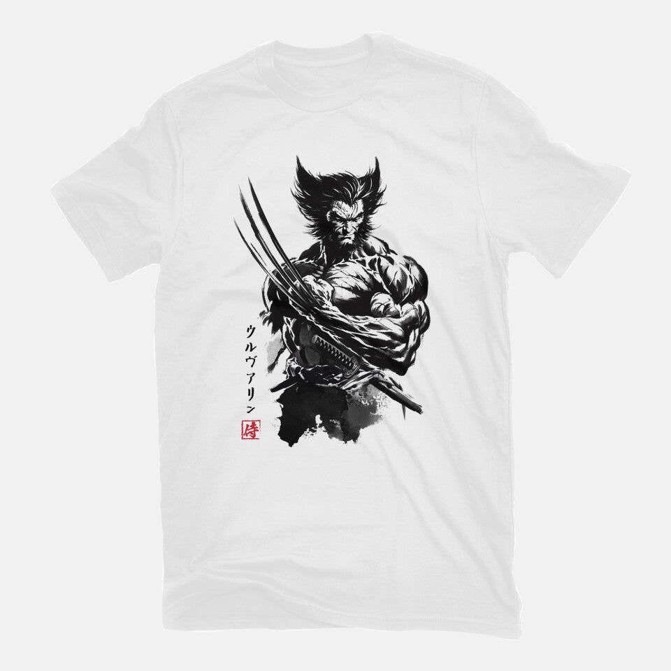 Mutant Samurai Sumi-e – Sci-Fi Graphic T-Shirt in white, flat-lay product view
