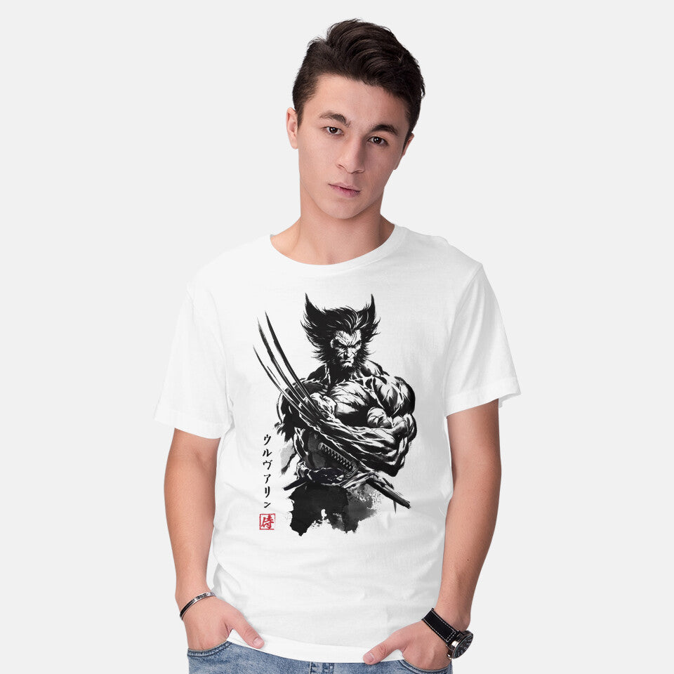 Model wearing white Mutant Samurai Sumi-e – Sci-Fi Graphic T-Shirt