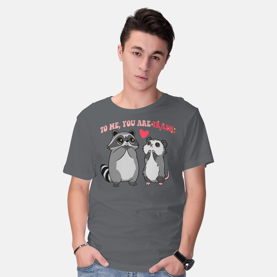 Model wearing charcoal To Me You Are Trash – Animal Graphic T-Shirt