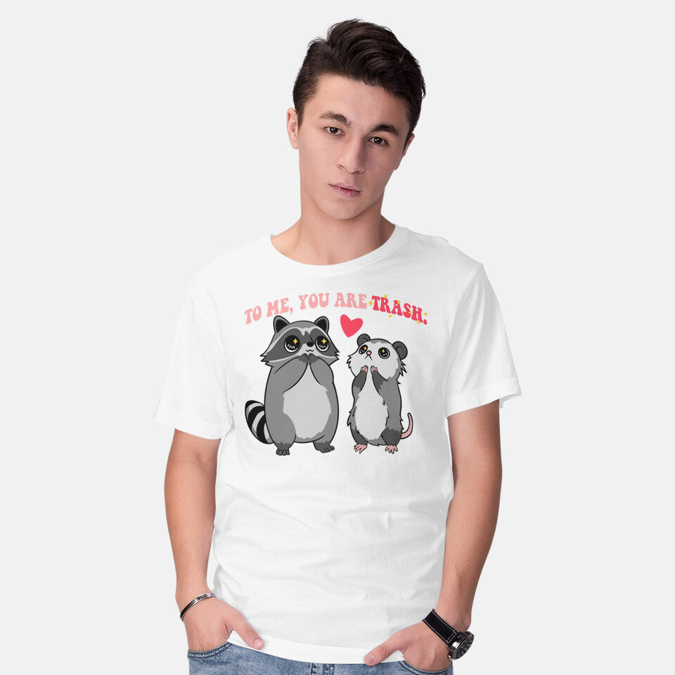 Model wearing white To Me You Are Trash – Animal Graphic T-Shirt