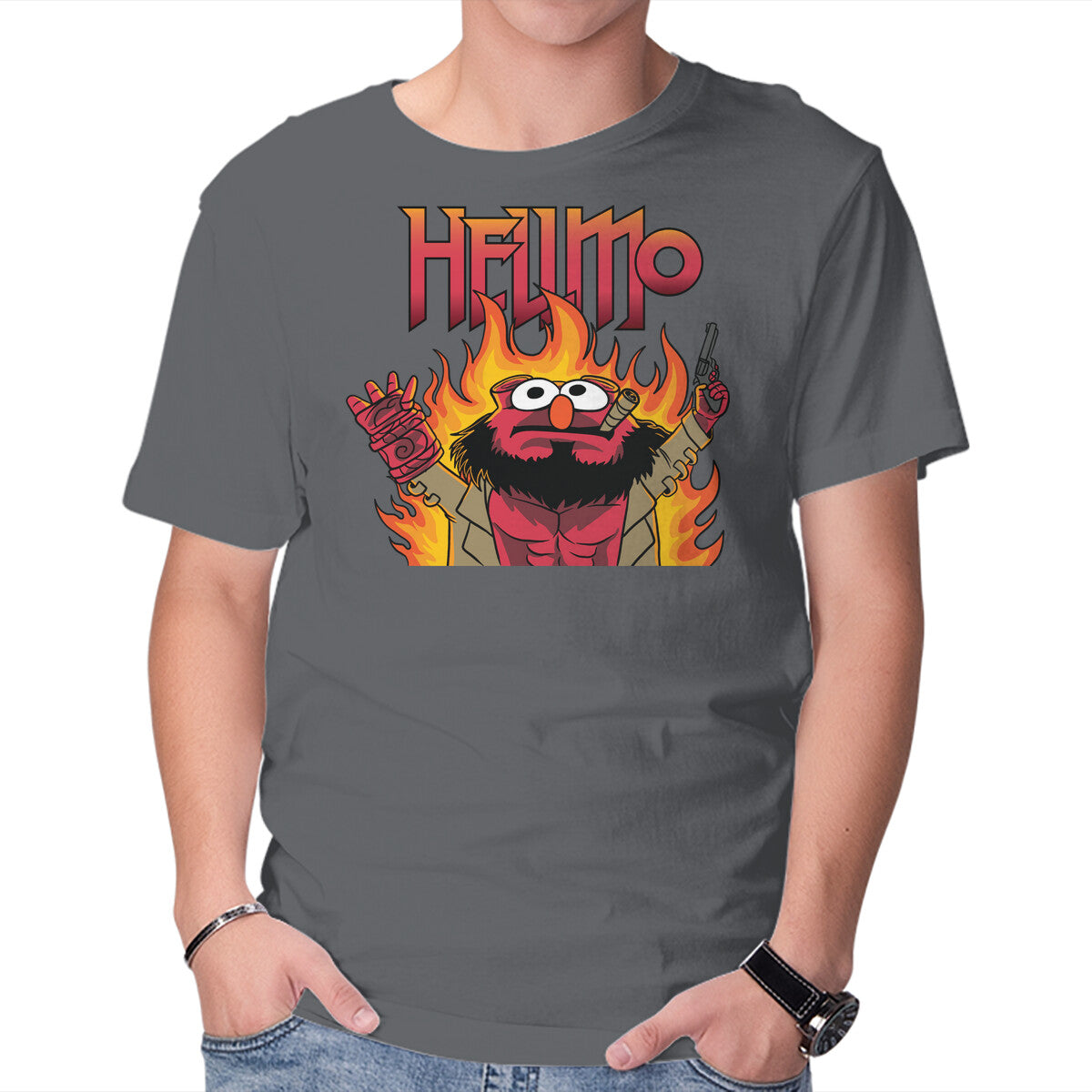 HELLMO – Funny Graphic T-Shirt in charcoal, product display