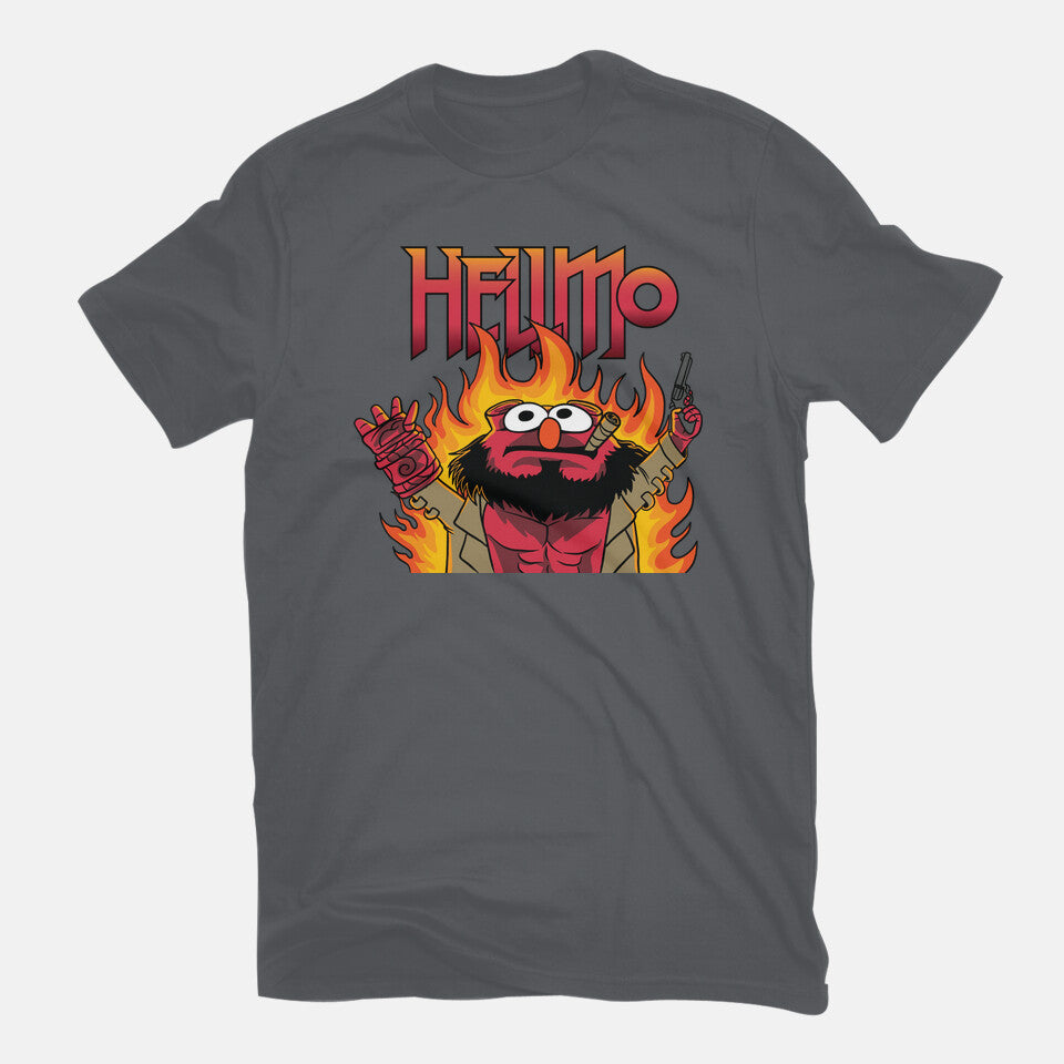 HELLMO – Funny Graphic T-Shirt in charcoal, flat-lay product view