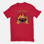 HELLMO – Funny Graphic T-Shirt in red, flat-lay product view