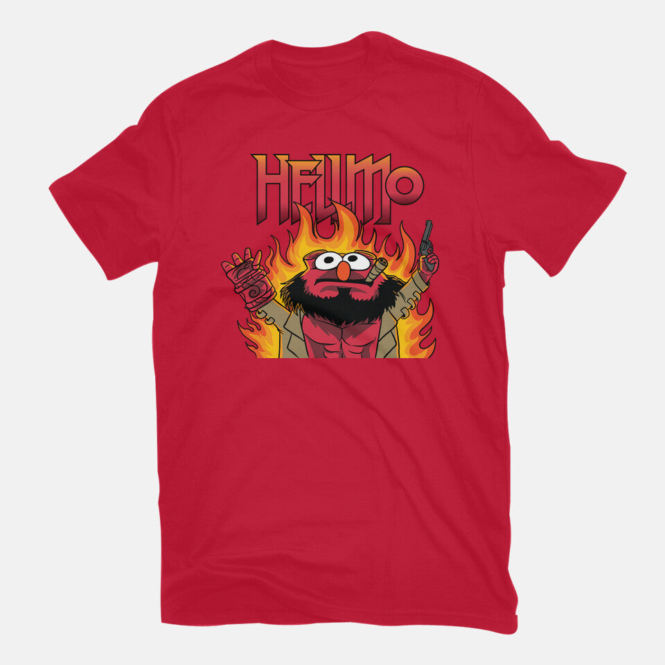 HELLMO – Funny Graphic T-Shirt in red, flat-lay product view