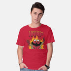 Model wearing red HELLMO – Funny Graphic T-Shirt