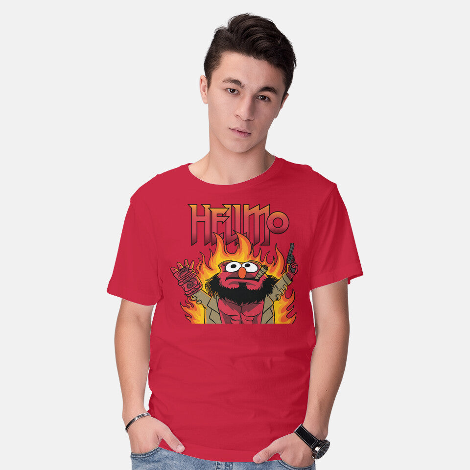 Model wearing red HELLMO – Funny Graphic T-Shirt