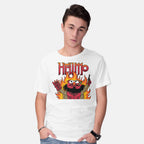 Model wearing white HELLMO – Funny Graphic T-Shirt