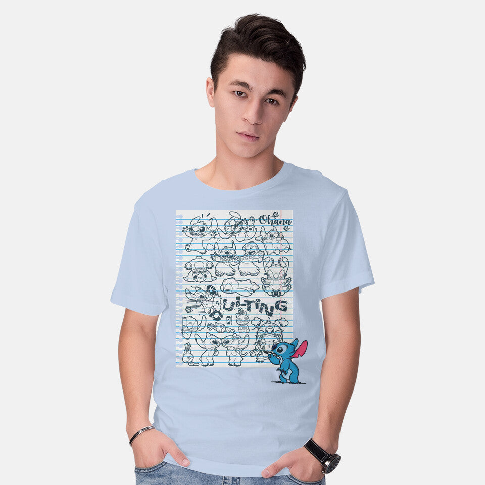 Model wearing blue Doodle Alien – Movie Graphic T-Shirt