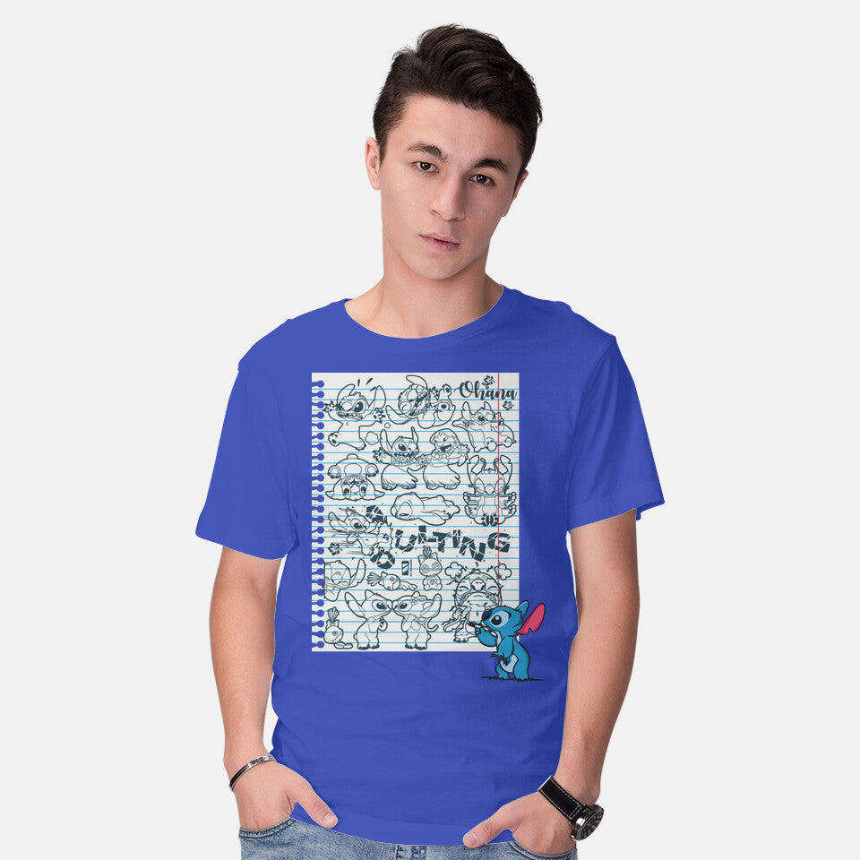 Model wearing royal blue Doodle Alien – Movie Graphic T-Shirt