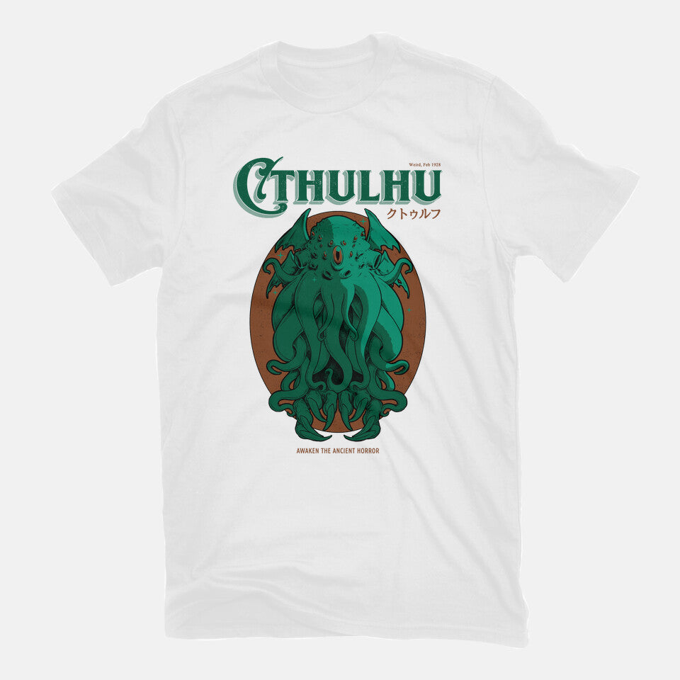 Cthulhu Magazine – Horror Graphic T-Shirt in white, flat-lay product view