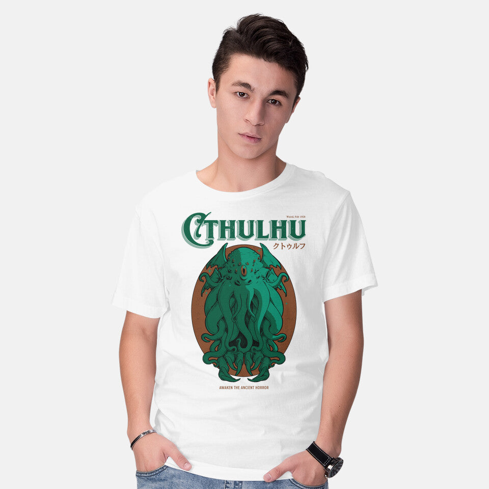 Model wearing white Cthulhu Magazine – Horror Graphic T-Shirt