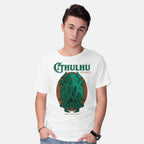 Model wearing white Cthulhu Magazine – Horror Graphic T-Shirt