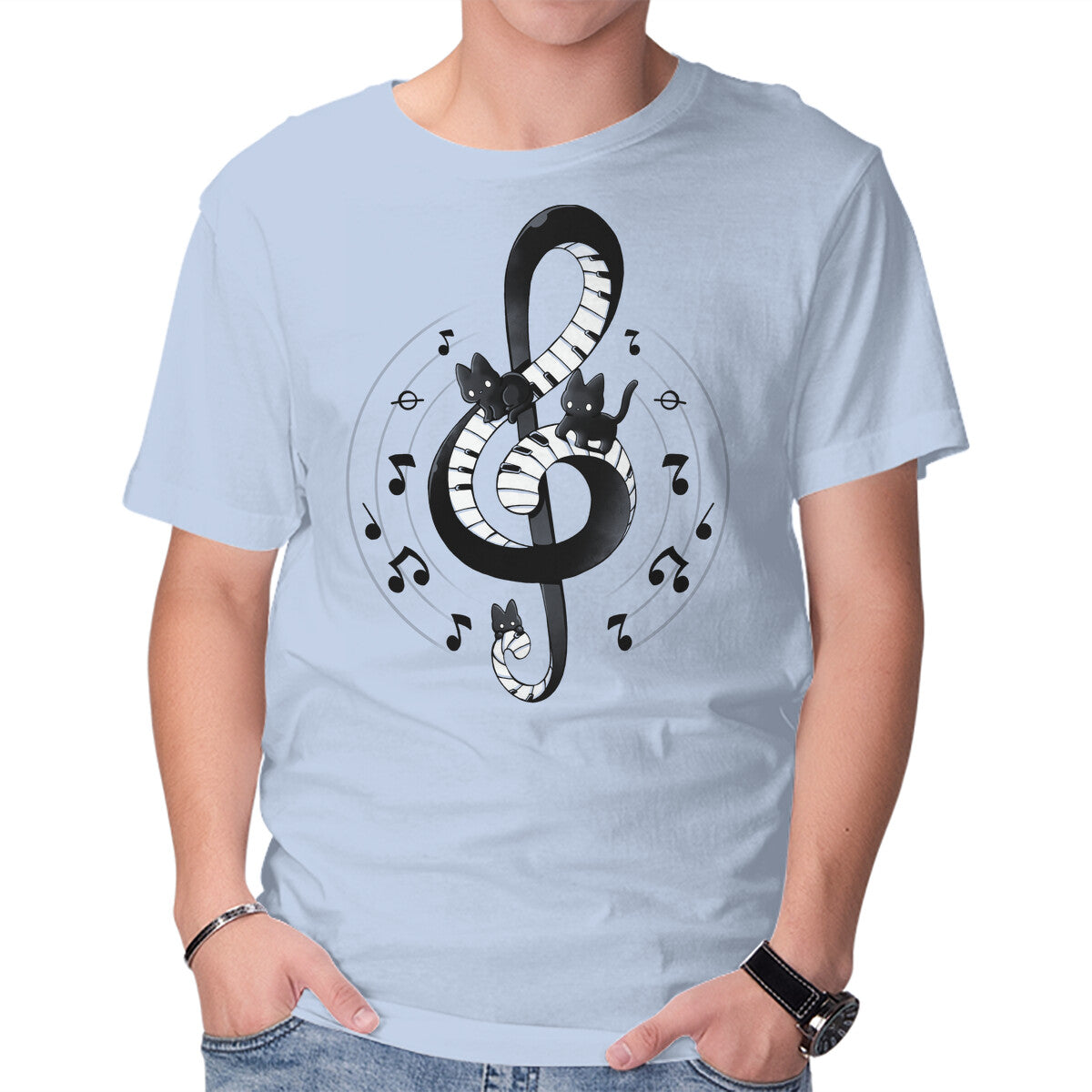 Violin Key Kittens – Cat Graphic T-Shirt in blue, product display
