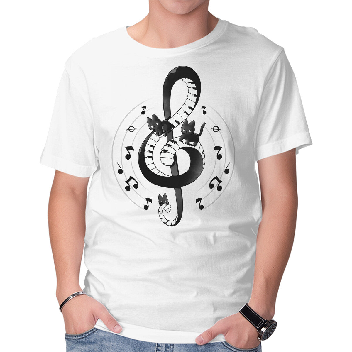Violin Key Kittens – Cat Graphic T-Shirt in white, product display