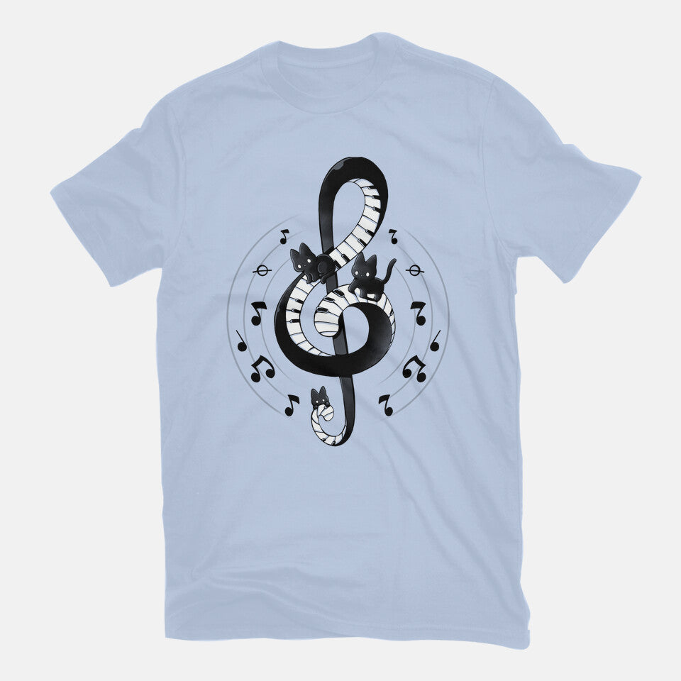 Violin Key Kittens – Cat Graphic T-Shirt in blue, flat-lay product view