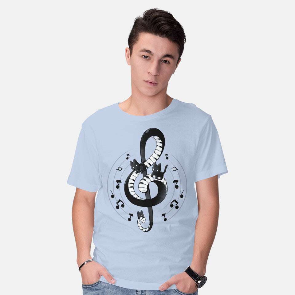 Model wearing blue Violin Key Kittens – Cat Graphic T-Shirt