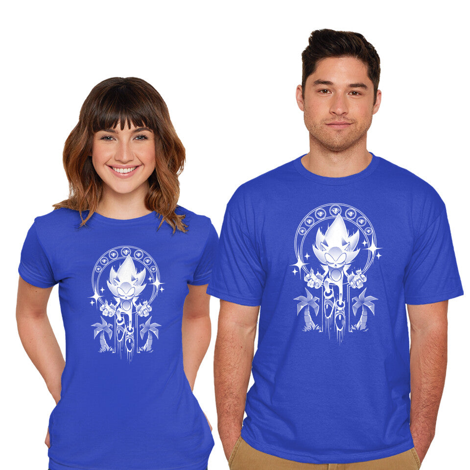 Model wearing royal blue Seven Chaos – Gaming Graphic T-Shirt