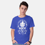 Model wearing royal blue Seven Chaos – Gaming Graphic T-Shirt